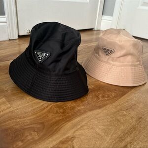 Prada Re-Nylon Bucket Hat in Black and Beige